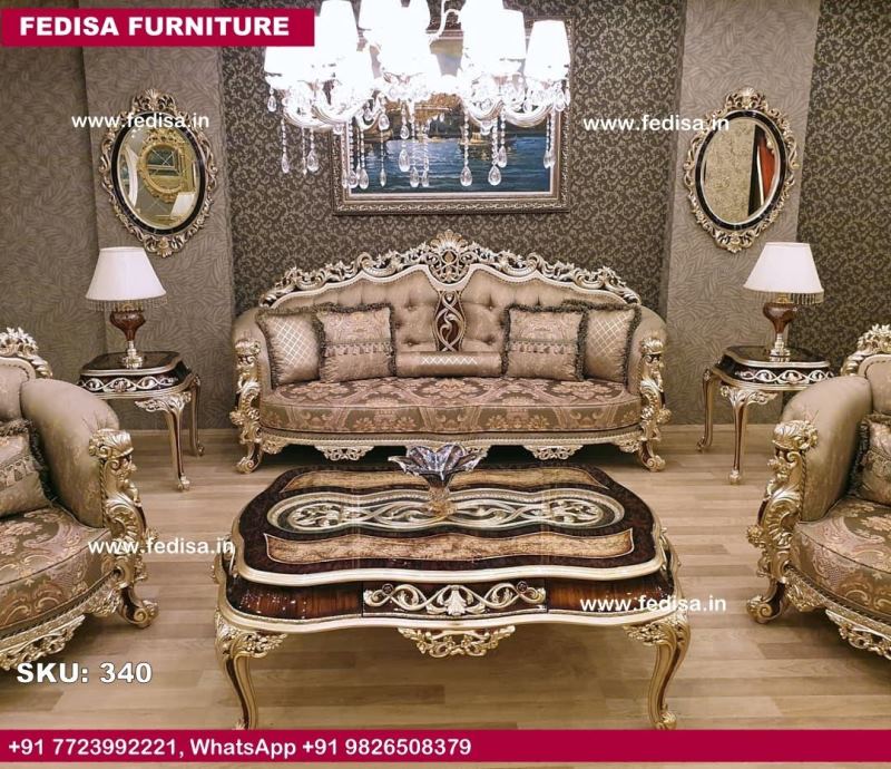 Royal Blue Sofa Set L Shape Small Sofa Wooden Partition Design Living