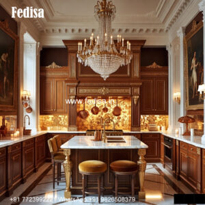 Classic Kitchen Design With Wooden Cabinets Long Kitchen Island No-646