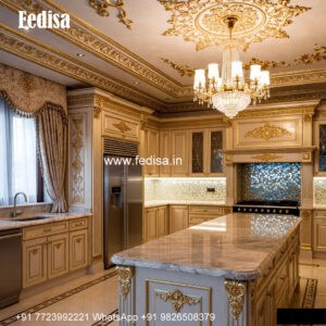 Classic Kitchen Design With Wooden Cabinets Marble Top Island No-874