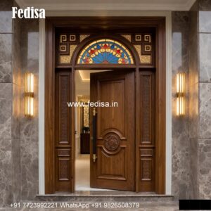Carved Wooden Doors Main Door Attached Window Glass Design No-6376